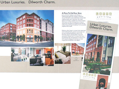 Tri-fold brochure for promoting Latta Pavilion luxury apartments in Charlotte
